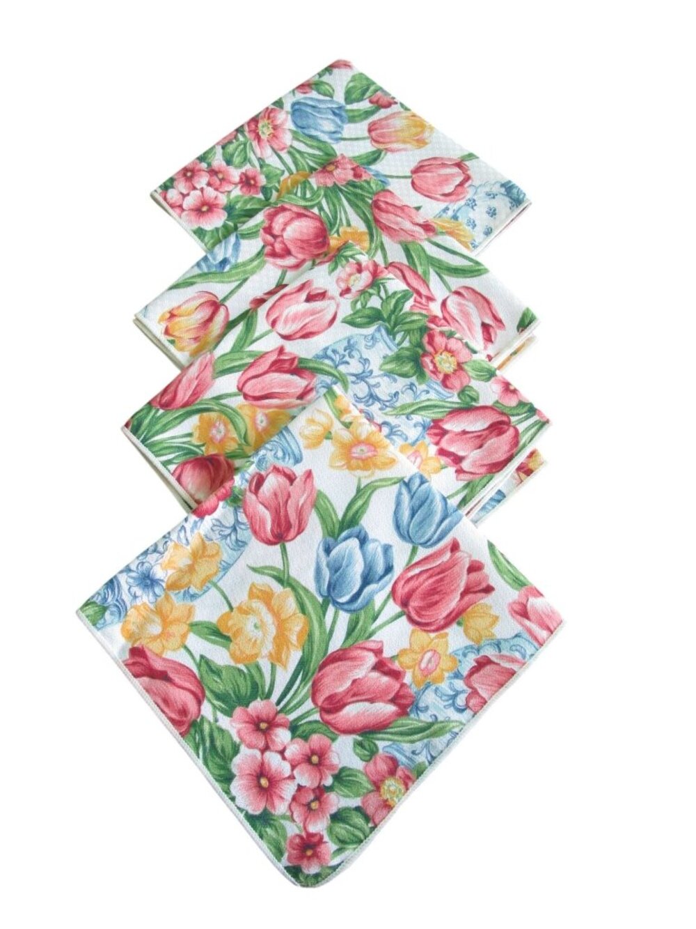 Easter Delft Bunny Floral Tulip Spring Polyester Napkin Set of Four Taiwan 1997